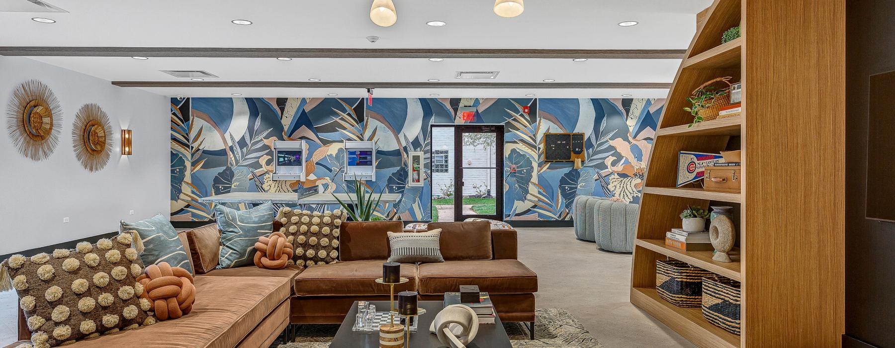 a living room with a couch and a coffee table