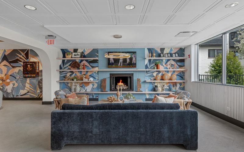 a room with a fireplace and a couch