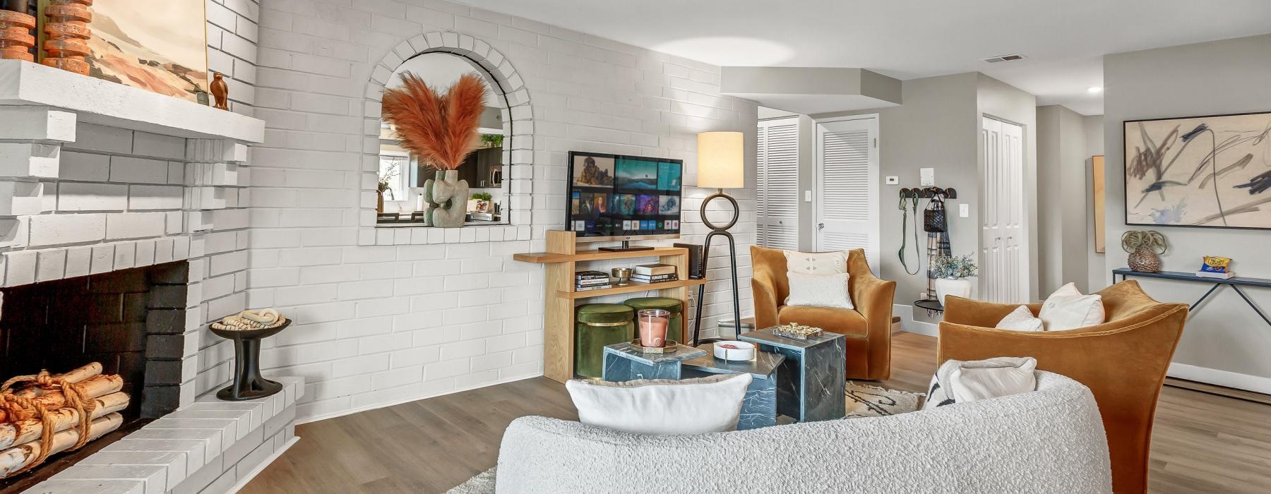 a living room with a fireplace