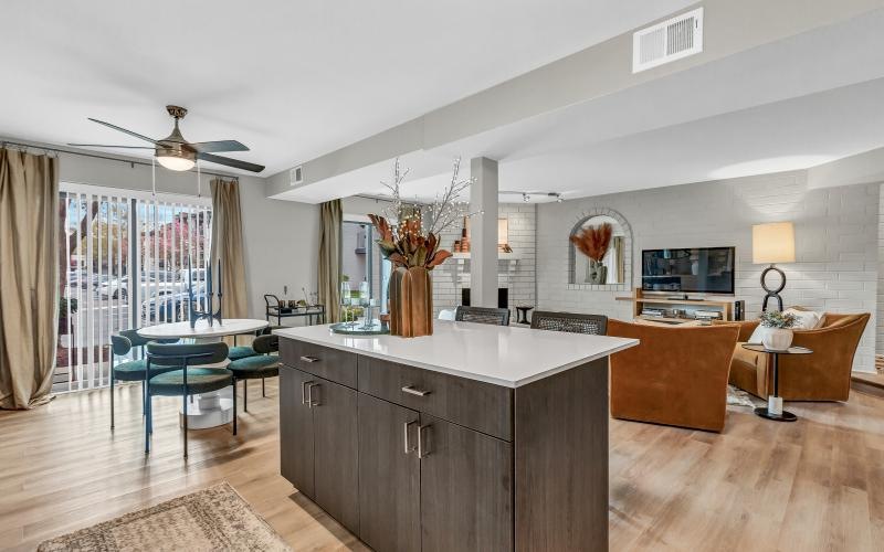 a large kitchen with a large island